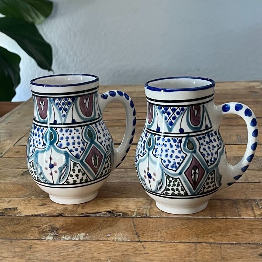 Le Souk Ceramique Malika Stoneware Mugs 5.75" Made In Tunisia